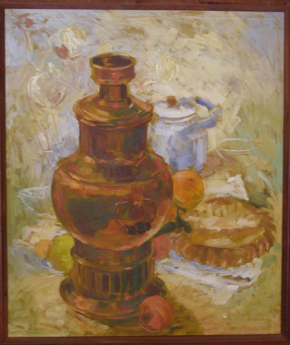 Das Ölgemälde von Gisela Peschke aus dem Jahr 0000 mit dem Titel "Stilleben Samowar" zeigt einen Samowar mit Teekessel, Öl auf Leinwand