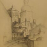 Die Zeichnung von Gisela Peschke aus dem Jahr 1978 mit dem Titel "Nikolaikirche Stralsund" zeigt die Nikolaikirche von der Innenstadt aus, Bleistift auf Papier