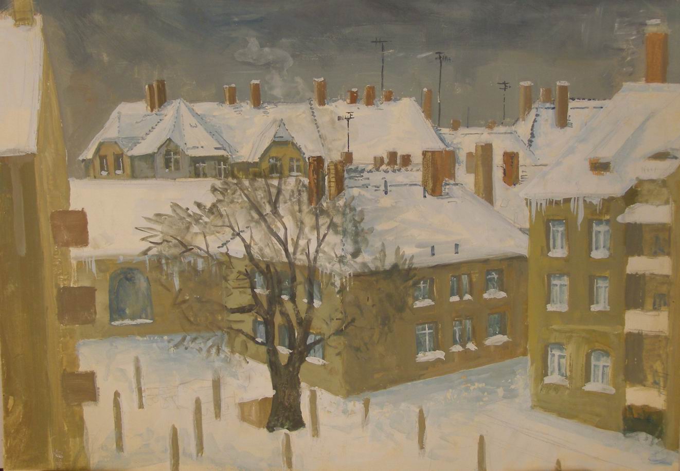 Die Zeichnung von Gisela Peschke: von 1968 ohne Titel zeigt eine Stadtansicht im Winter, Guache auf Papier