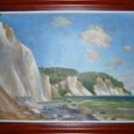 Das Ölgemälde von Gisela Peschke aus dem Jahr 1991 mit dem Titel "Wissower Ufer" zeigt die Kreidefelsen auf Rügen am Wisslower Ufer, Öl auf Hartfaser