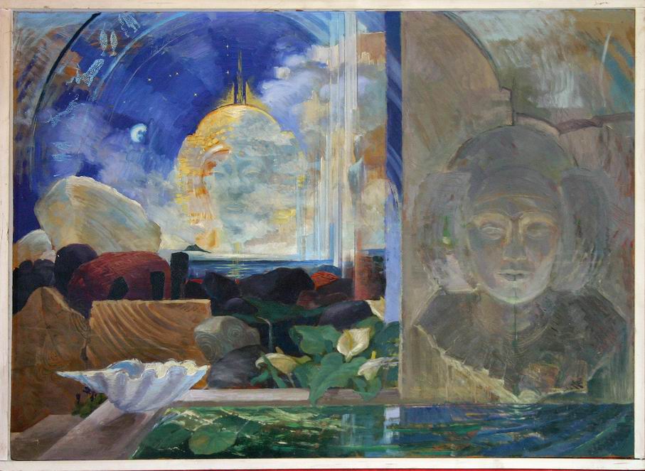 Das Gemälde von Gisela Peschke hat keinen Titel. Auch das Entstehungsjahr ist nicht bekannt, Das Bild ist mit Öl auf Hartfaser gemalt. Es ist eine thematische Arbeit und zeigt eine spirituelle Szenerie mit indianischen Skulpturen und zahlreichen Dateils in einer mystischen Landschaft