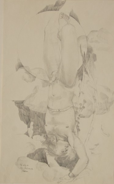 Die Zeichnung von Gisela Peschke mit dem Ttiel Der stürzende Ikarus aus dem Jahr 1977 gemalt mit Bleistift auf Papier zeigt den fallenden Ikarus vor der Sonne